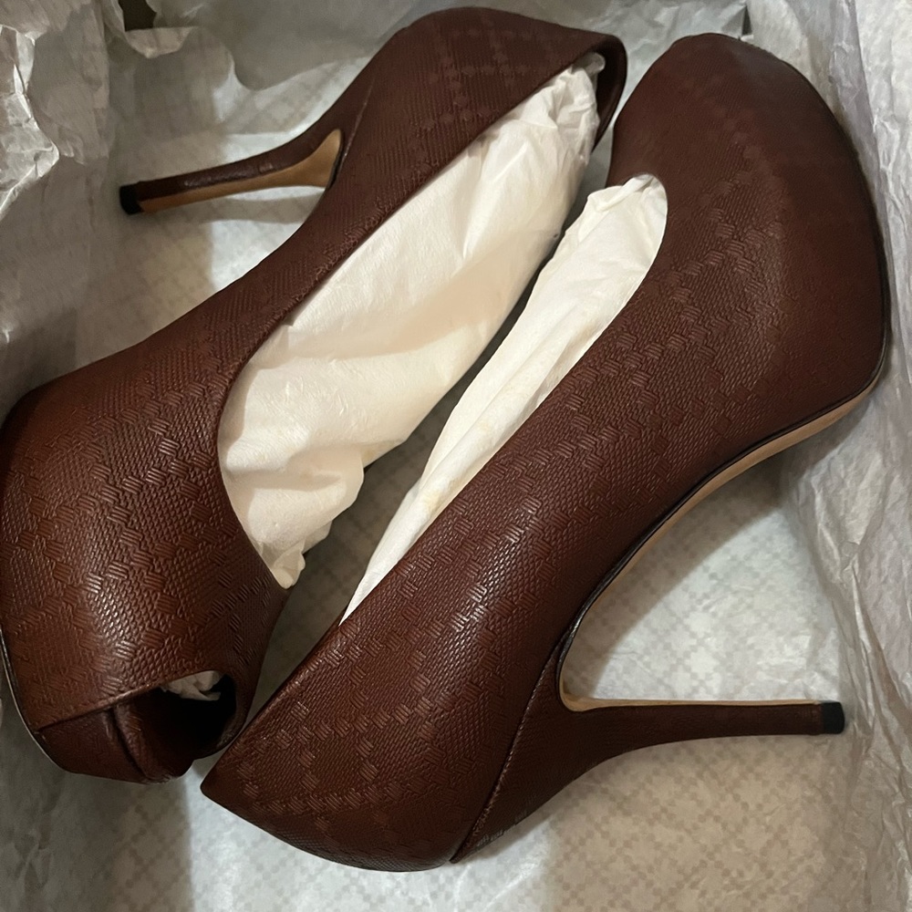 Gucci Vintage Peep Toe Leather Heels Brown Sz 36 1/2 Made In Italy